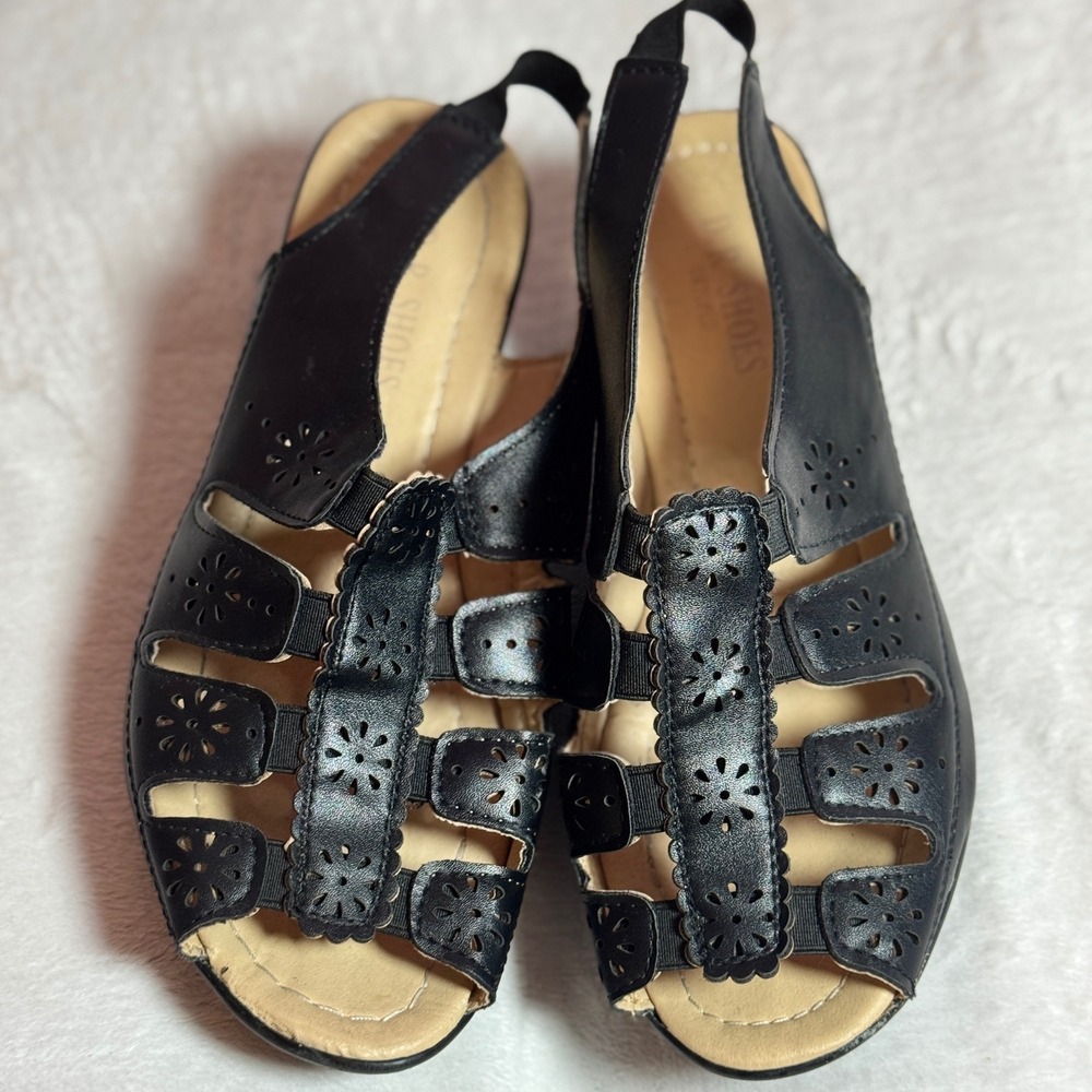 D.R. Shoes Ortoped Blk Laser Eyelet Cut  Open Toe & Sling Back Sandals Sz 40/8.5